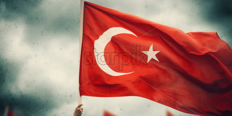 Generative AI a hand holding the Turkish flag and several flags in the background - Starpik Stock