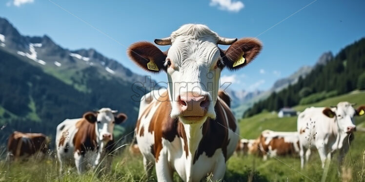 Generative AI a herd of cows and a cow in the foreground on a mountain meadow - Starpik Stock