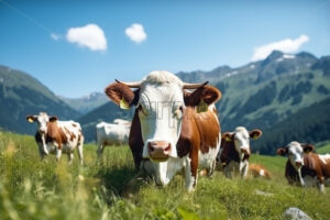Generative AI a herd of cows and a cow in the foreground on a mountain meadow - Starpik Stock