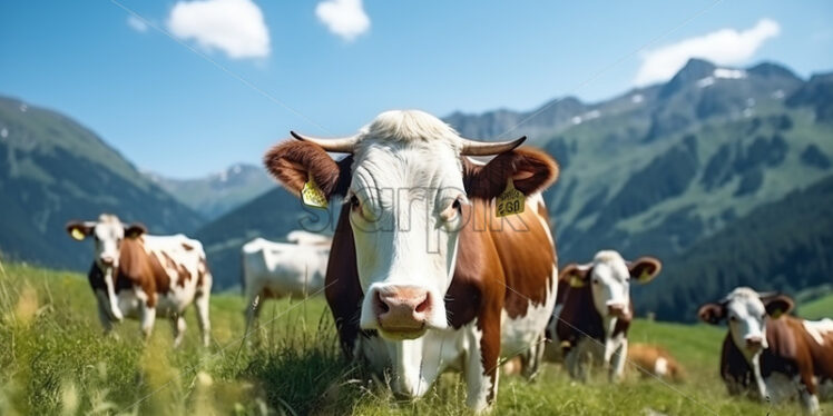 Generative AI a herd of cows and a cow in the foreground on a mountain meadow - Starpik Stock