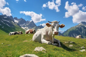 Generative AI a herd of cows and a cow in the foreground on a mountain meadow - Starpik Stock