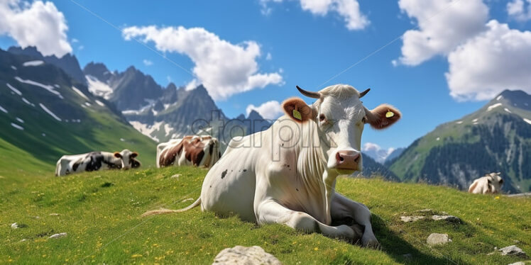 Generative AI a herd of cows and a cow in the foreground on a mountain meadow - Starpik Stock