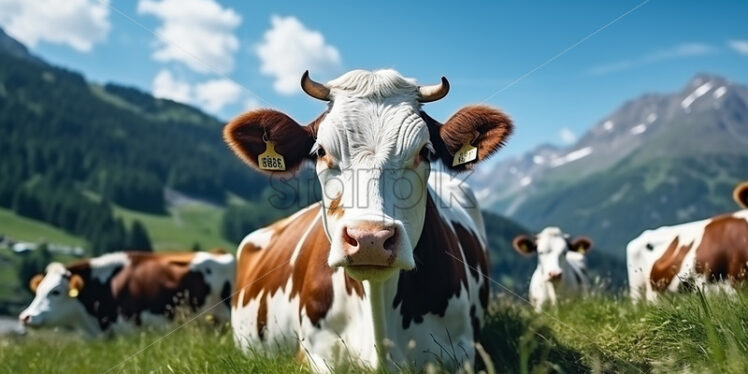 Generative AI a herd of cows and a cow in the foreground on a mountain meadow - Starpik Stock