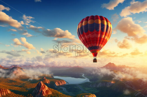 Generative AI a hot air balloon flying over a prairie - Starpik Stock