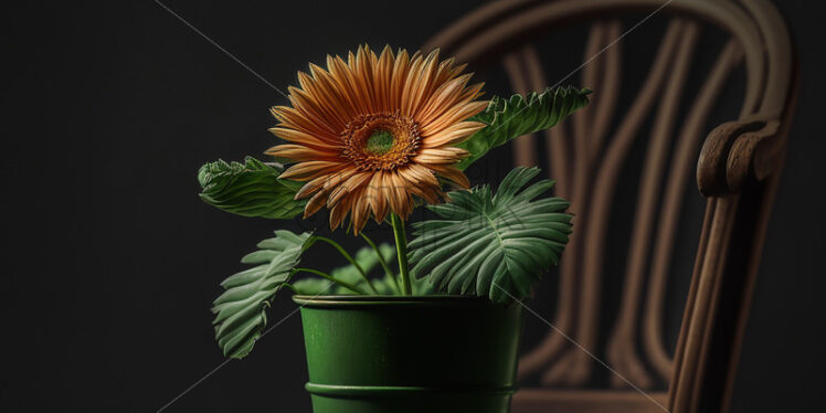 Generative AI a house flower in a green pot on an old wooden chair - Starpik Stock