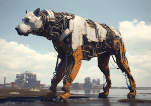 Generative AI a huge robot dog on the shore of a lake and buildings in the background - Starpik Stock