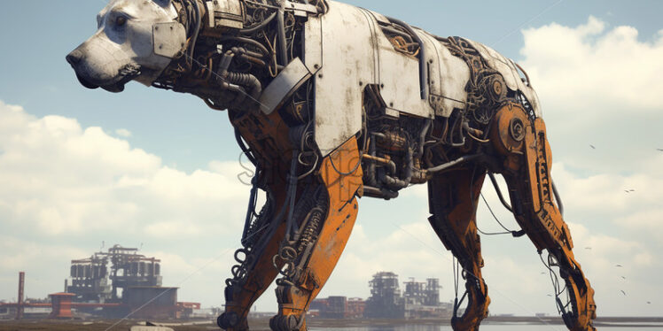 Generative AI a huge robot dog on the shore of a lake and buildings in the background - Starpik Stock