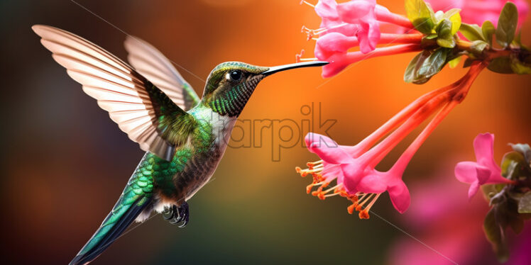 Generative AI a hummingbird flying from flower to flower - Starpik Stock