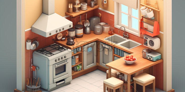 Generative AI a kitchen created in 3d isometric style - Starpik Stock