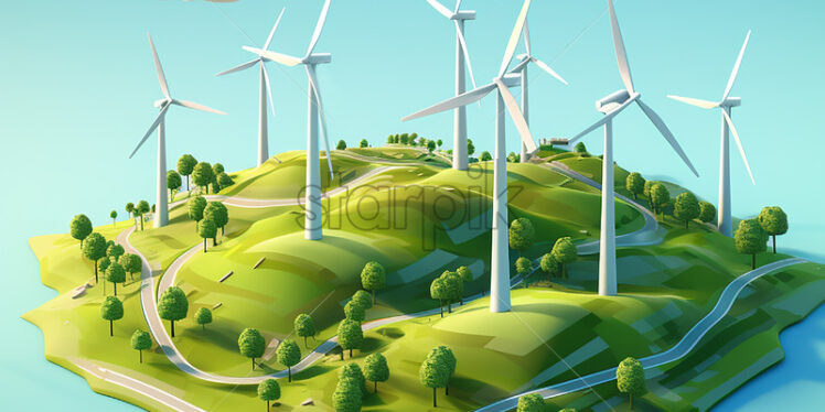 Generative AI a landscape in 3D isometric style representing wind turbines in a field - Starpik Stock