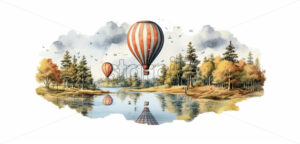 Generative AI a landscape of a forest through which a river passes and hot air balloons - Starpik Stock