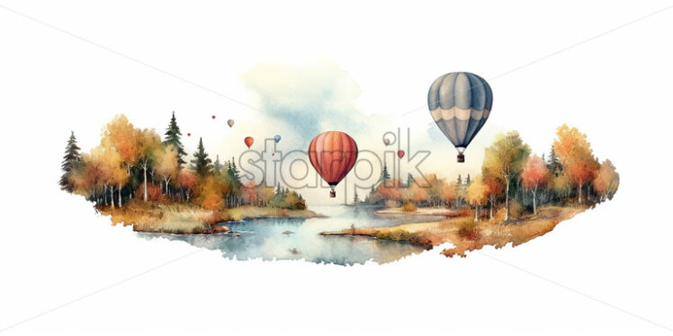 Generative AI a landscape of a forest through which a river passes and hot air balloons - Starpik Stock