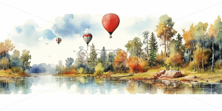 Generative AI a landscape of a forest through which a river passes and hot air balloons - Starpik Stock
