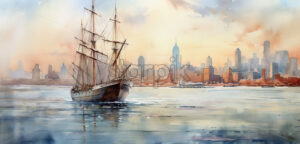 Generative AI a landscape of a sea on which a boat floats, and the background is the city of New York in watercolor - Starpik Stock