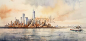 Generative AI a landscape of a sea on which a boat floats, and the background is the city of New York in watercolor - Starpik Stock