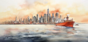 Generative AI a landscape of a sea on which a boat floats, and the background is the city of New York in watercolor - Starpik Stock