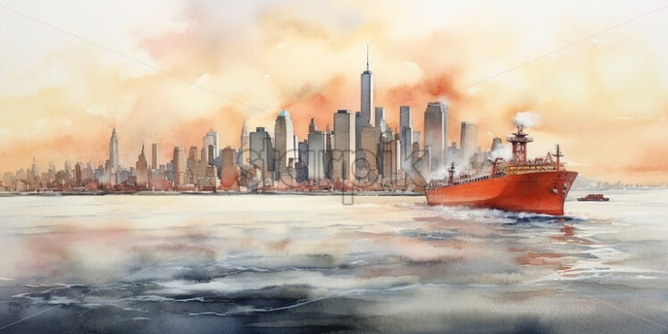 Generative AI a landscape of a sea on which a boat floats, and the background is the city of New York in watercolor - Starpik Stock