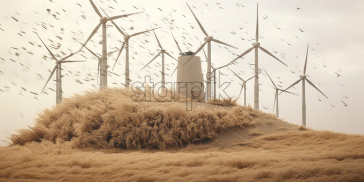 Generative AI a landscape that contains an autumn field with wind turbines and many birds flying - Starpik Stock