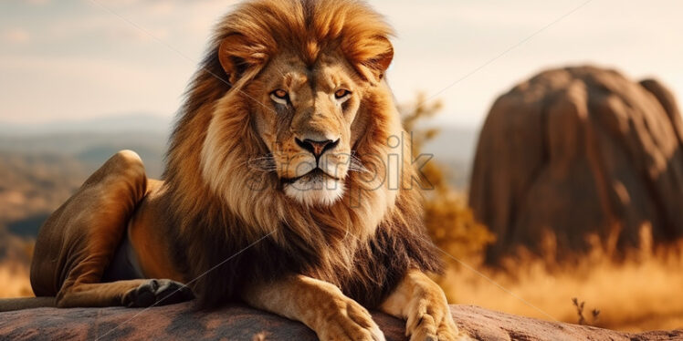 Generative AI a lion sitting on a stone in the savannah - Starpik Stock