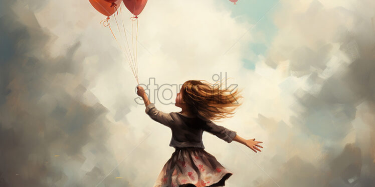 Generative AI a little girl running with balloons in her hand - Starpik Stock