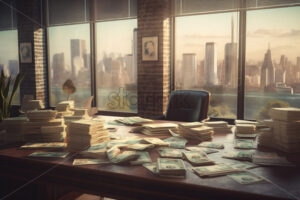 Generative AI a lot of paper money on a desk next to a window and a beautiful city in the background - Starpik Stock