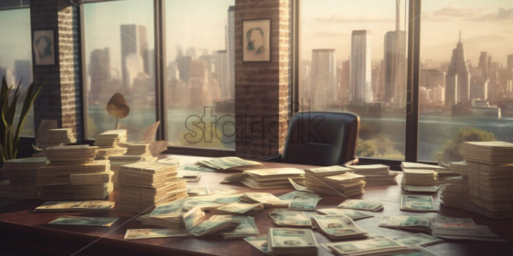 Generative AI a lot of paper money on a desk next to a window and a beautiful city in the background - Starpik Stock