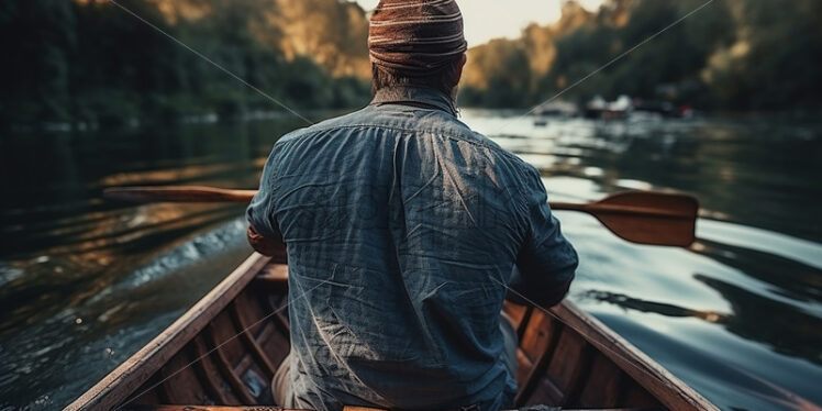 Generative AI a man rowing a wooden boat on a river - Starpik Stock