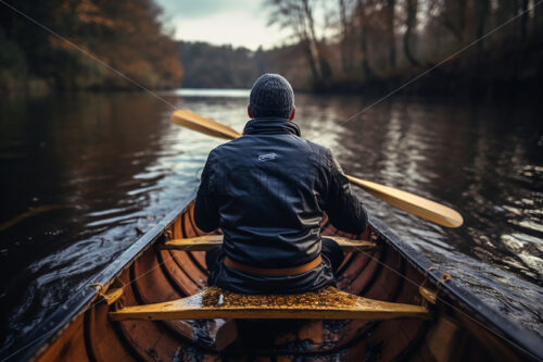 Generative AI a man rowing a wooden boat on a river - Starpik Stock