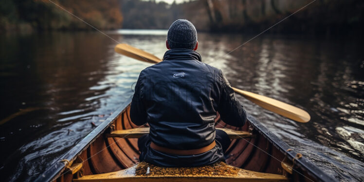 Generative AI a man rowing a wooden boat on a river - Starpik Stock