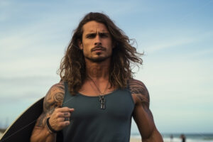 Generative AI a man with muscles and tattoos who practices surfing - Starpik Stock