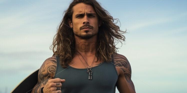 Generative AI a man with muscles and tattoos who practices surfing - Starpik Stock