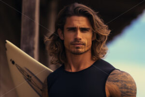 Generative AI a man with muscles and tattoos who practices surfing - Starpik Stock