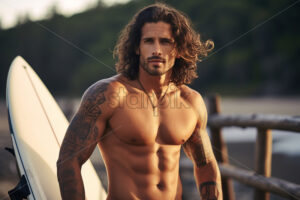 Generative AI a man with muscles and tattoos who practices surfing - Starpik Stock