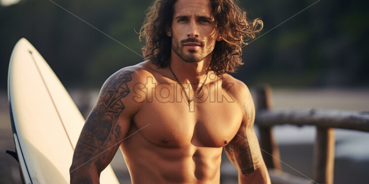 Generative AI a man with muscles and tattoos who practices surfing - Starpik Stock