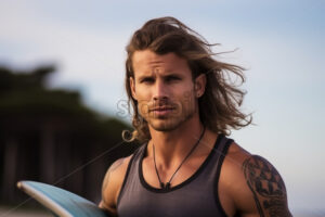 Generative AI a man with muscles and tattoos who practices surfing - Starpik Stock