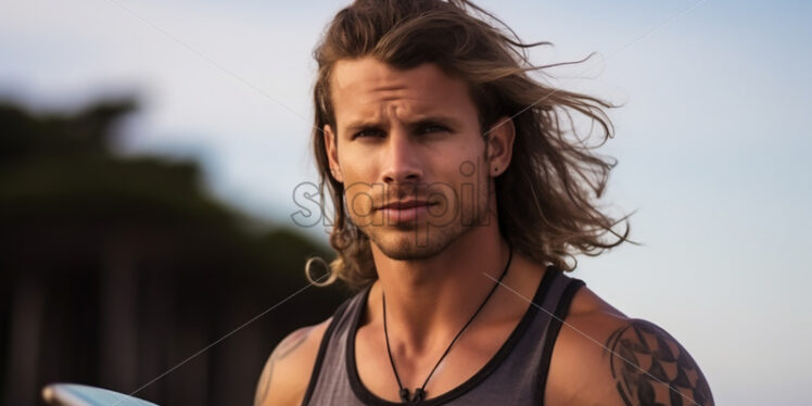 Generative AI a man with muscles and tattoos who practices surfing - Starpik Stock