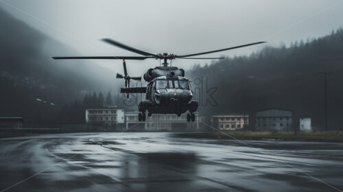 Generative AI a military helicopter taking off from an airport runway into the forest - Starpik Stock