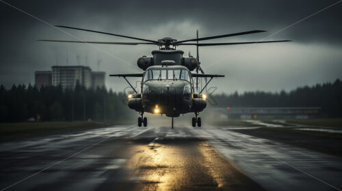 Generative AI a military helicopter taking off from an airport runway into the forest - Starpik Stock