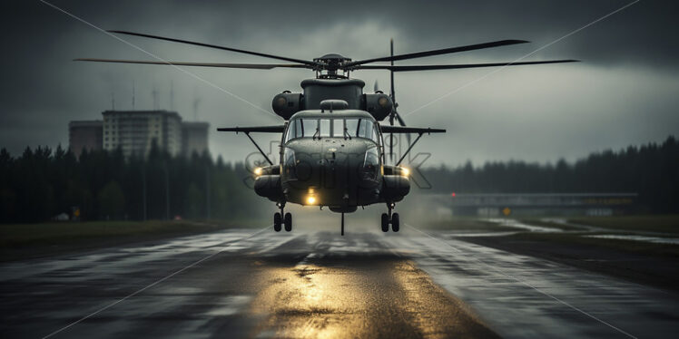 Generative AI a military helicopter taking off from an airport runway into the forest - Starpik Stock
