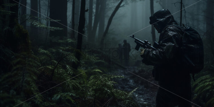 Generative AI a military scout sneaks through the forest in a military uniform - Starpik Stock