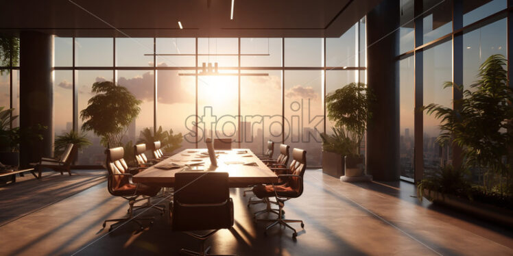 Generative AI a modern office with large gems, plants and a large table in the center of the room - Starpik Stock