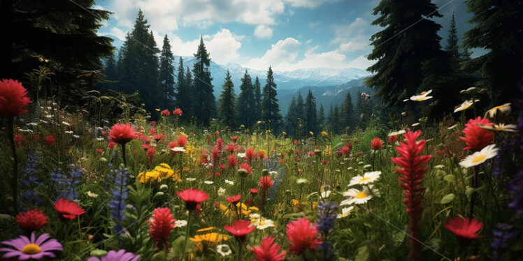 Generative AI a mountain landscape with a plain full of multicolored flowers and different species - Starpik Stock