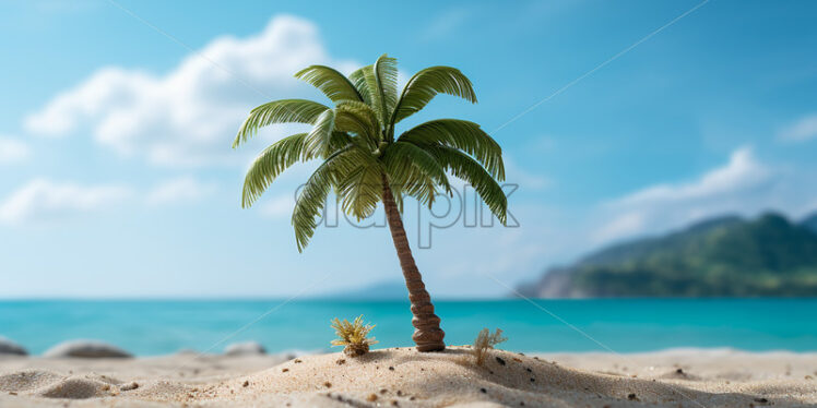 Generative AI a palm tree on the edge of a sea, and a lot of sand - Starpik Stock