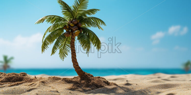 Generative AI a palm tree on the edge of a sea, and a lot of sand - Starpik Stock