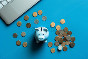 Generative AI a piggy bank with money on a blue surface - Starpik Stock