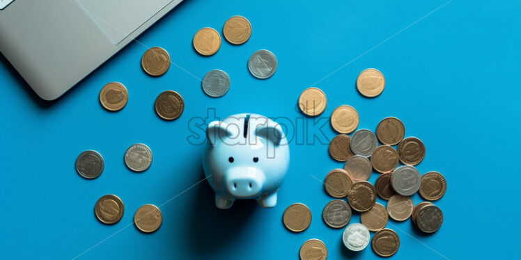 Generative AI a piggy bank with money on a blue surface - Starpik Stock