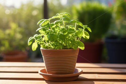 Generative AI a pot with a plant sitting on the table nearby - Starpik Stock