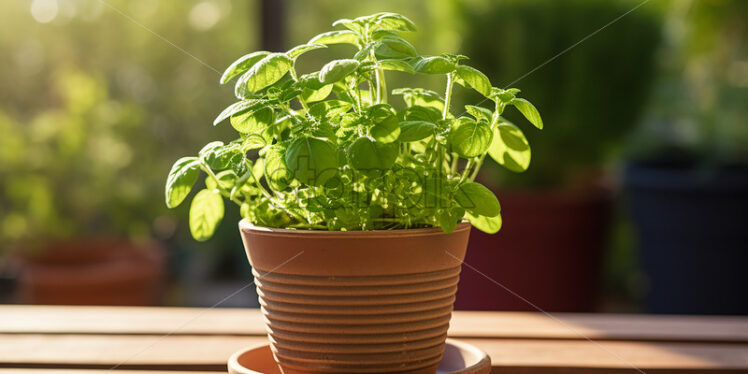 Generative AI a pot with a plant sitting on the table nearby - Starpik Stock