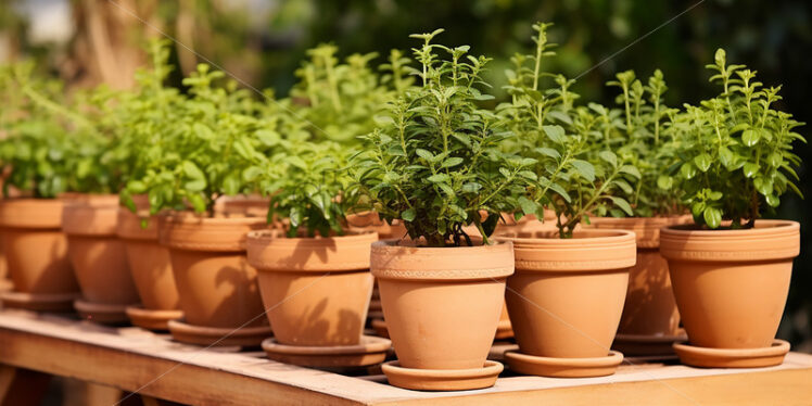 Generative AI a pot with a plant sitting on the table nearby - Starpik Stock