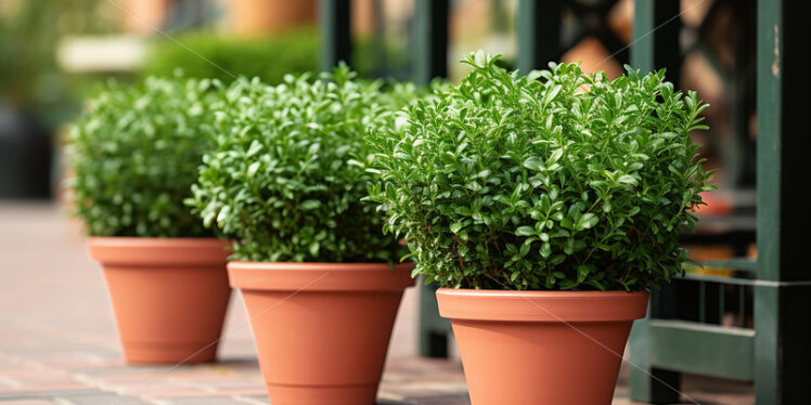 Generative AI a pot with a plant sitting on the table nearby - Starpik Stock